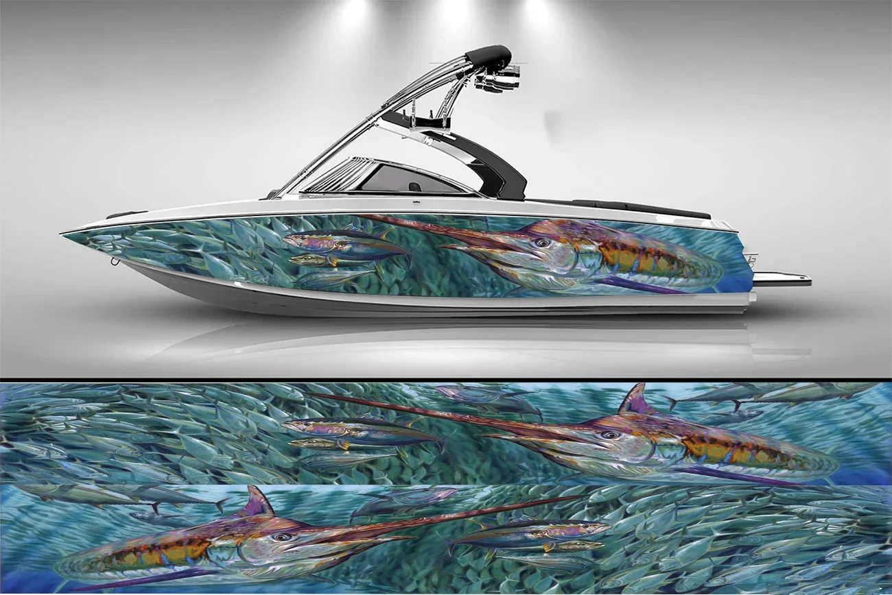 Blue Marlin Fisch Boot Aufkleber Mode benutzer definierte Fisch Boot Aufkleber Vinyl wasserdichte Wrap Boot Aufkleber Grafik Wrap Aufkleber