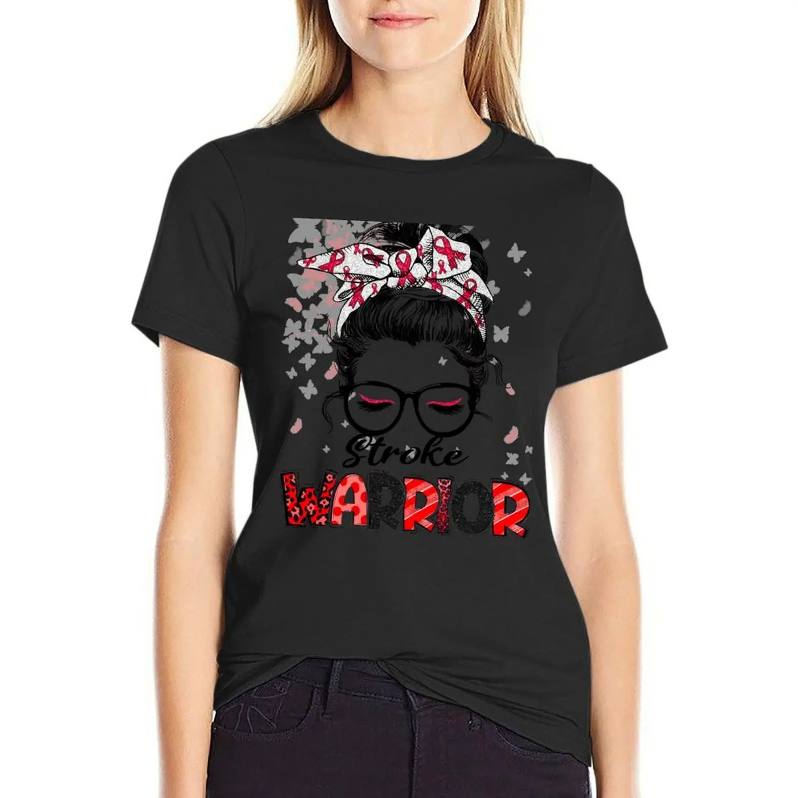 Stroke Warrior Messy Bun Stroke Fighter Gifts T-Shirt funny Blouse T-shirt Women