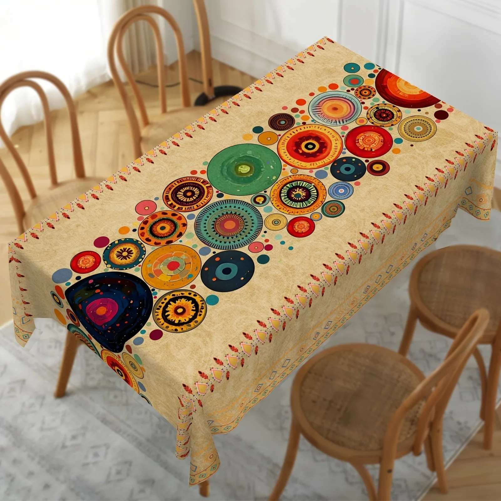 1pc Retro Bohemian Style Tablecloth - Geometric circular pattern combined with earthy tones.