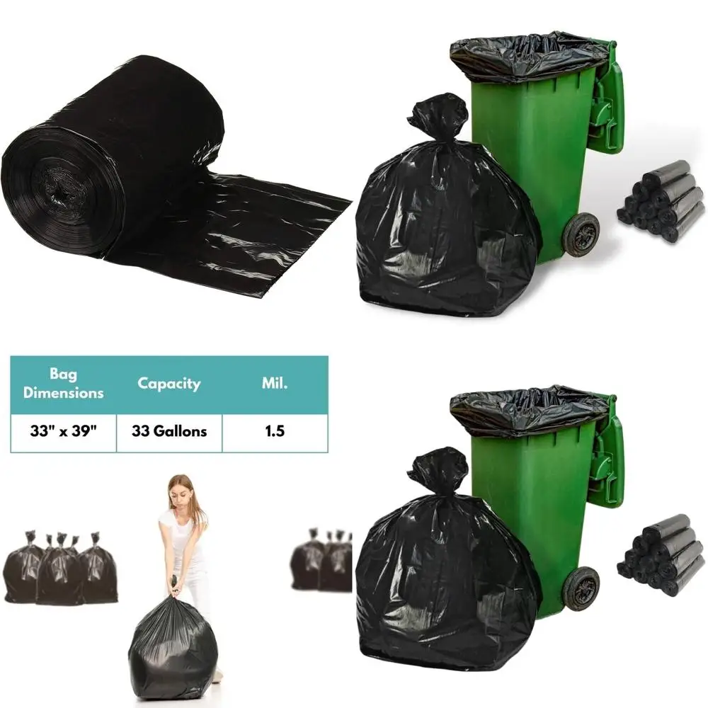 

Heavy-Duty 33-Gallon Black Trash Bags, Pack of 200, 1.5 Mil, Ideal for Kitchens, Warehouses, Offices, and Janitorial Use