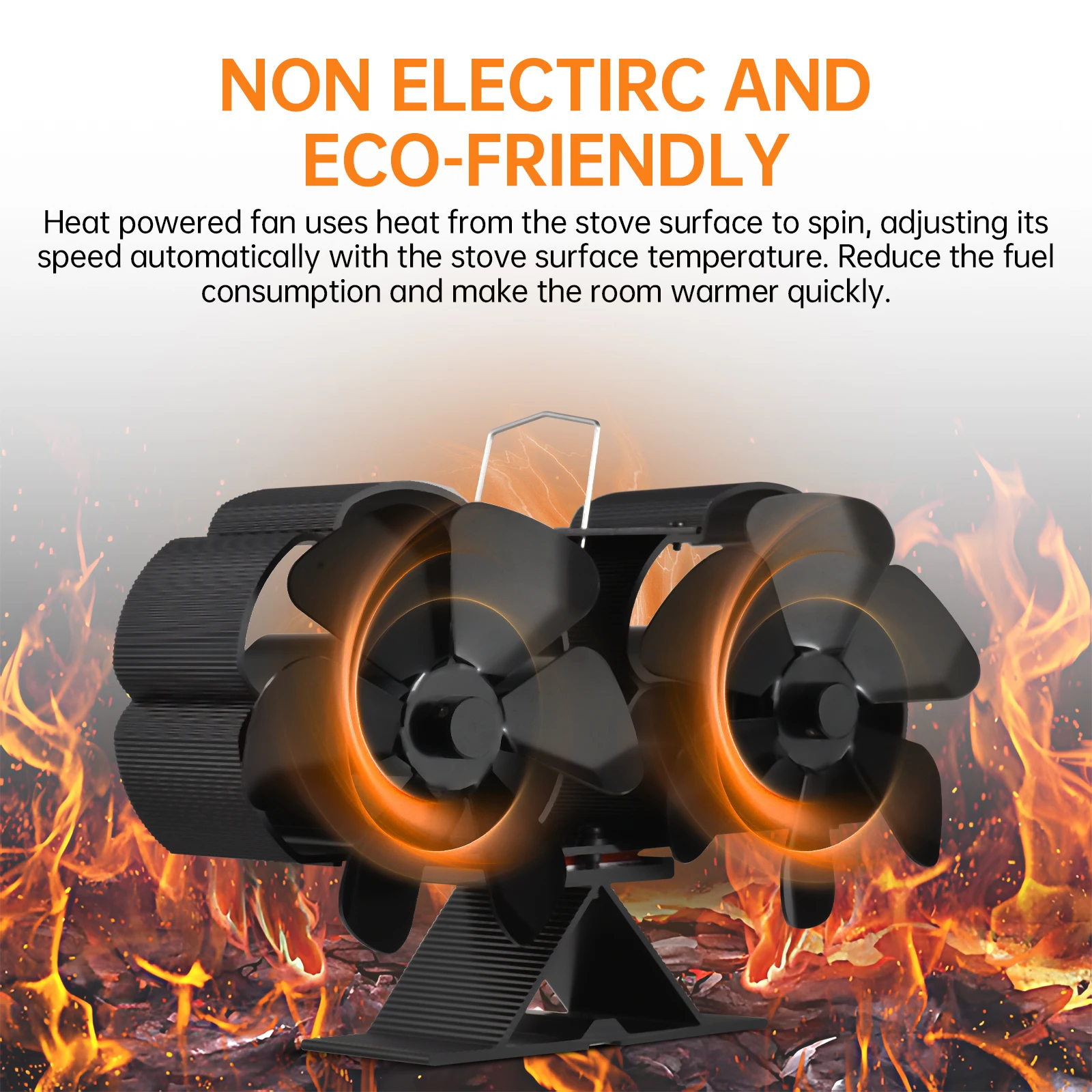 Dual Head 6 Blade Heat Powered Stove Fan with Carrying Handle and Overheating Protection Portable Heat Fan