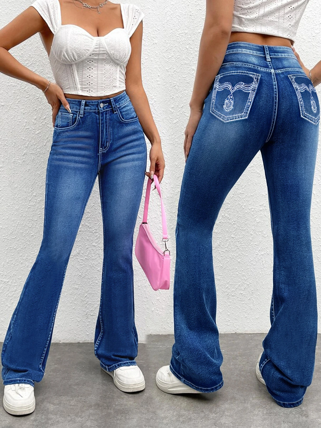 Jean évasé brodé bleu foncé taille haute grande taille pour femme, jean évasé décontracté de style Y2K doux et cool, avec dessin animé e