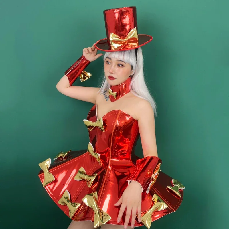 녹색 빨간색 나비넥타이 파티 드레스 모자 섹시한 고고 댄서 의상 여성 코스프레 축제 의상 무대 공연 레이브 의류 XS7276