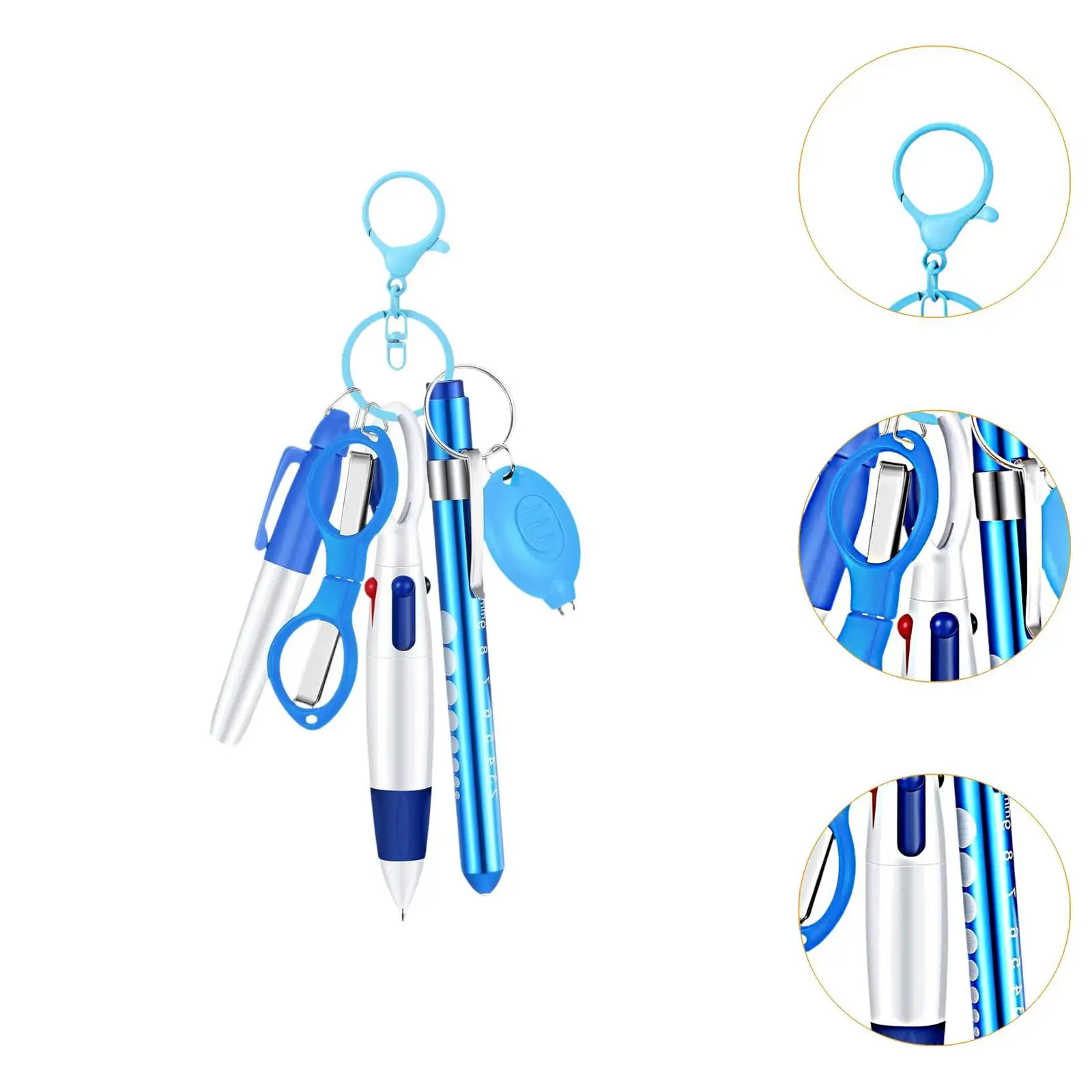 Nurse Pen and Keychain Clip Set Retractable Ballpoint LED Light Foldable Scissors Smooth Ink Badge Holder for Clinic Tasks
