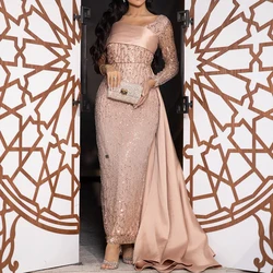 Elegant Luxury Saudi Arabia Long Beaded Evening Gowns Long Sleeve Panel Train Ankle Length Boat Neck Solid Color Panel Train