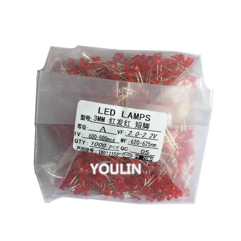 1000pcs F3 red hair red 3mm red green yellow blue orange indicator light direct inserted led light beads light emitting diode