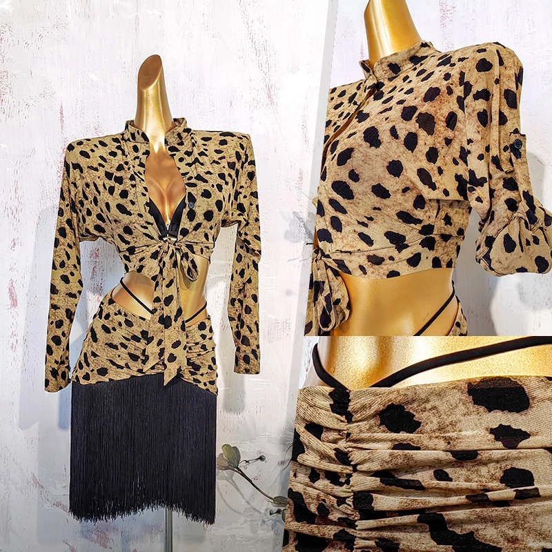 

New Women Latin Dance Performance Costumes Long Sleeve Leopard Print Tassels Skirts Suit Chacha Rumba Latin Dance Dress DN20613