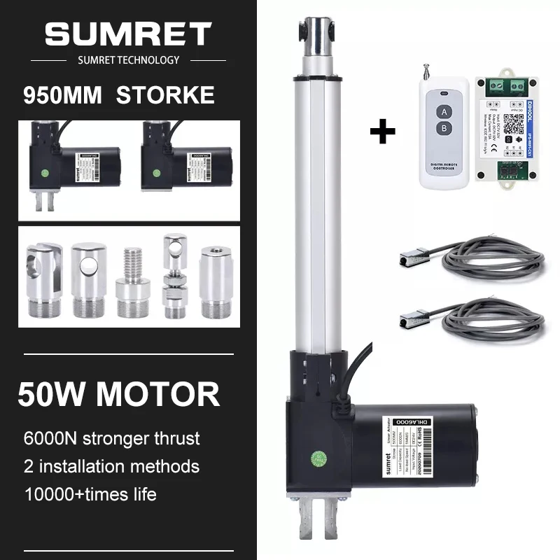 0-950MM Adjustable Stroke Linear Actuator Kit Set Remote Control Bracket 433Mhz 2CH DC 12V 24V Motor Heavy Duty 6000N 40MM/S