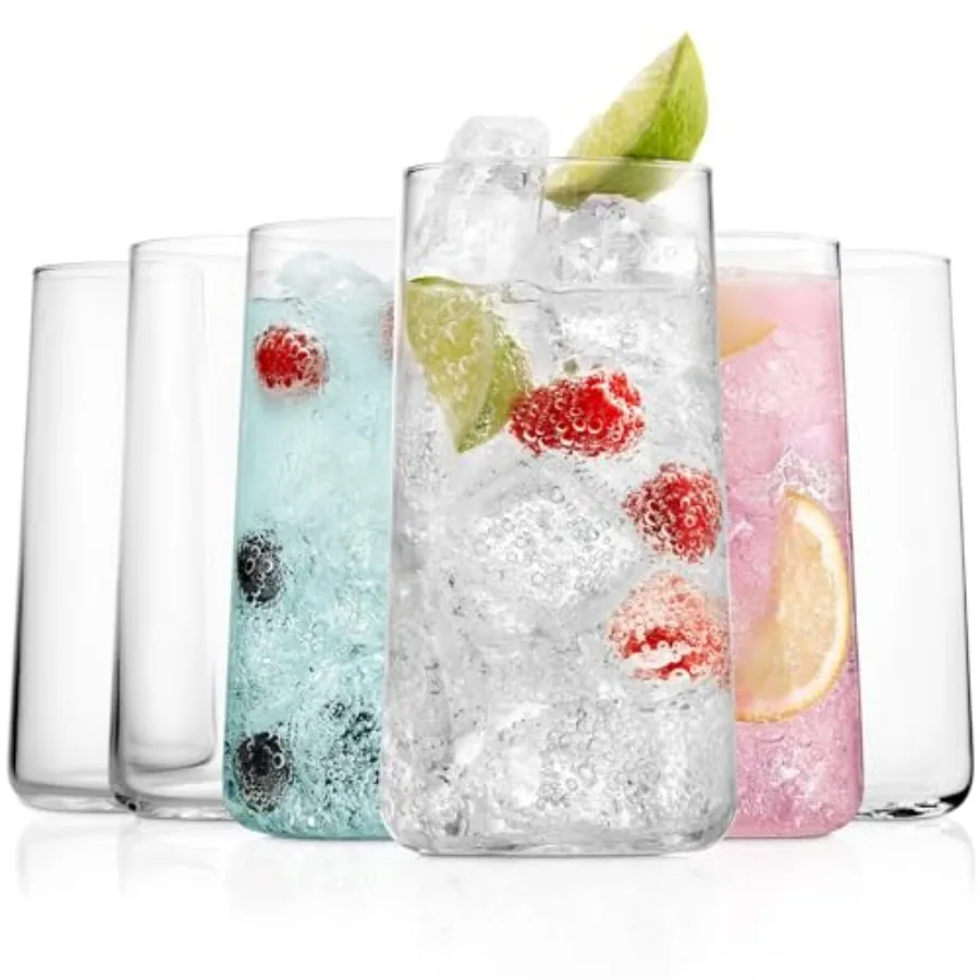 

Modern Tall Drinking Glasses Set of 6 Handmade In Europe 18oz Premium Highball Crystal Glass Cups for Water and Juice