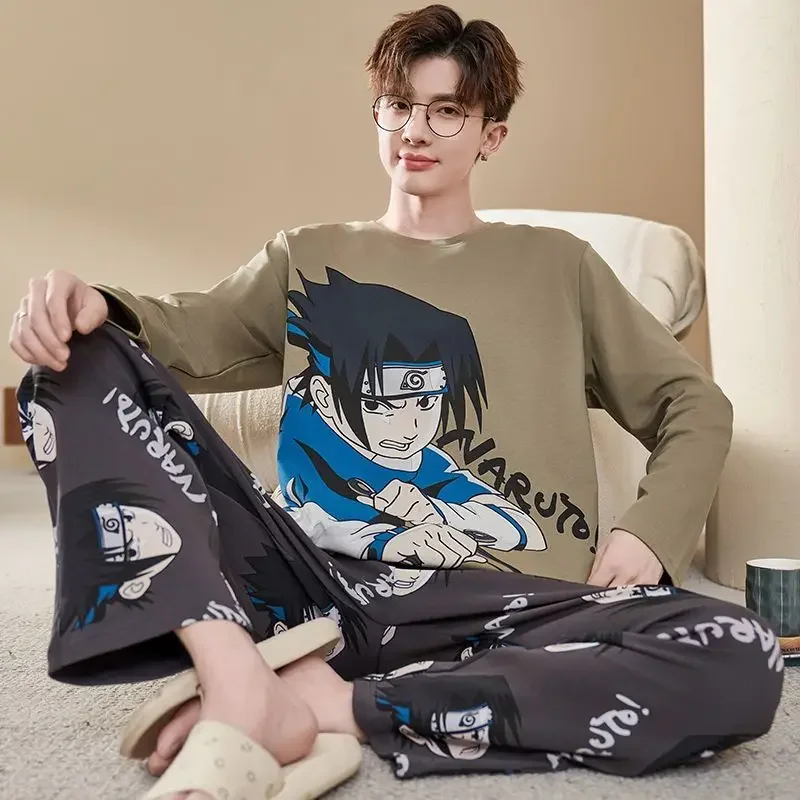 Cartoon Anime One Piece luffy Conan Naruto Pajamas Cotton Men's Home Clothes Set Youth Boys Long Sleeve Pants Set Christmas Gift