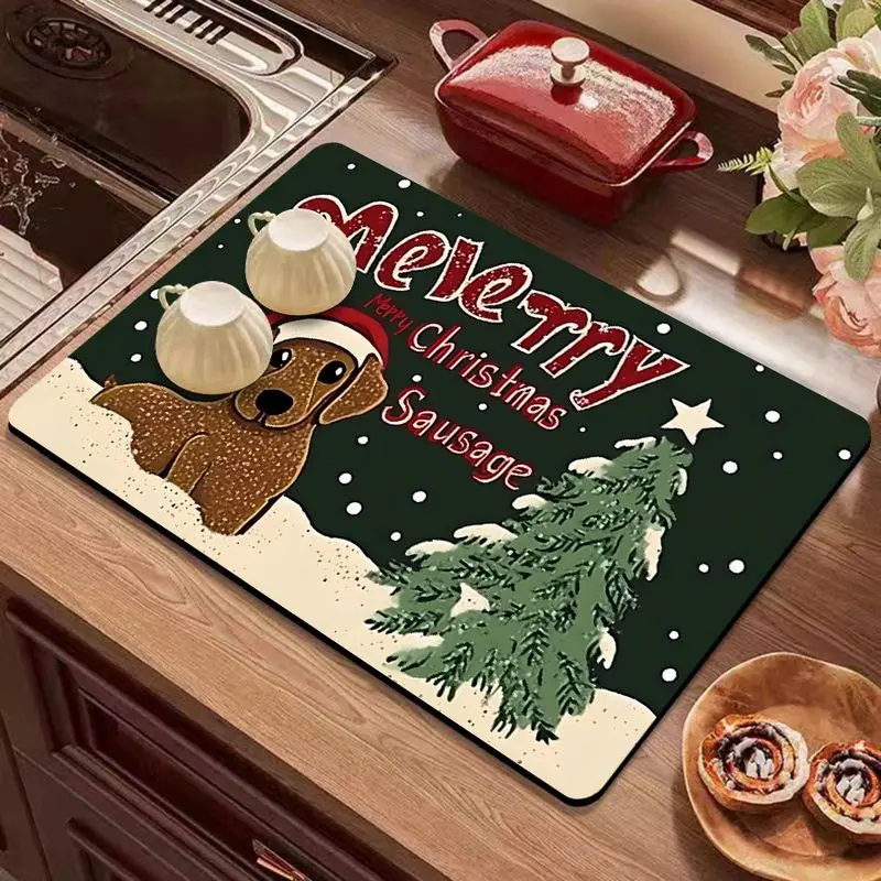 VIKAMA Vintage Christmas Kitchen Countertop Drip Mat, Absorbent and Quick-Drying Coffee Maker Mat, Home Decor