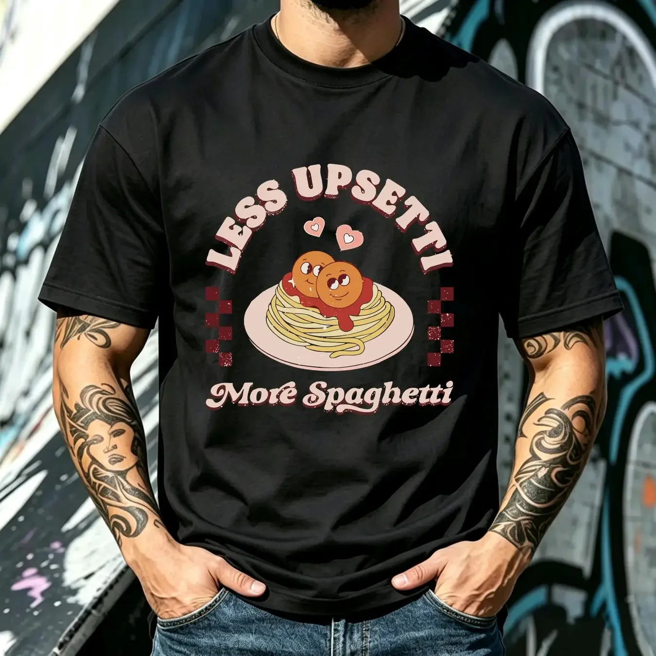 washed T Shirt Less Upsetti More Spaghetti Retro Valentines Day Pasta Lover long or short sleeves vintage Washed streetwear