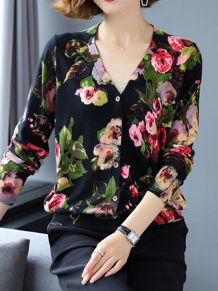 Sweater Women New Autumn Casual Print Floral Long Sleeve Woman Cardigan High Quality Knitwear Single-breasted Cardigans