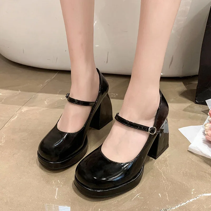 High Heels Platform Pumps Women 2024 Spring Pu Leather Ankle Buckle Mary Jane Shoes Woman Thick Heeled Goth black Lolita Shoes