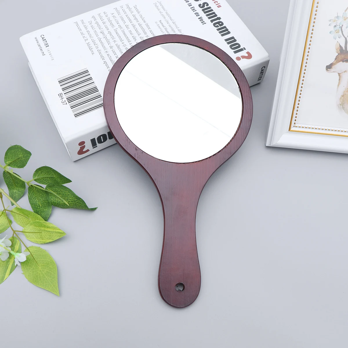 

1pc Makeup Wooden Frame Portable Mirror For Women Durable Handle Mirror Wall Mountable Large Glass Coffee Color