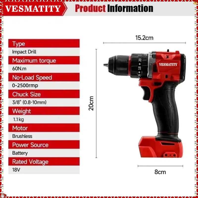 Cordless Lithium Electric Drill, Built-in LED Light, Portable Impact Drill for Home Repair，for Milwaukee  Battery pin