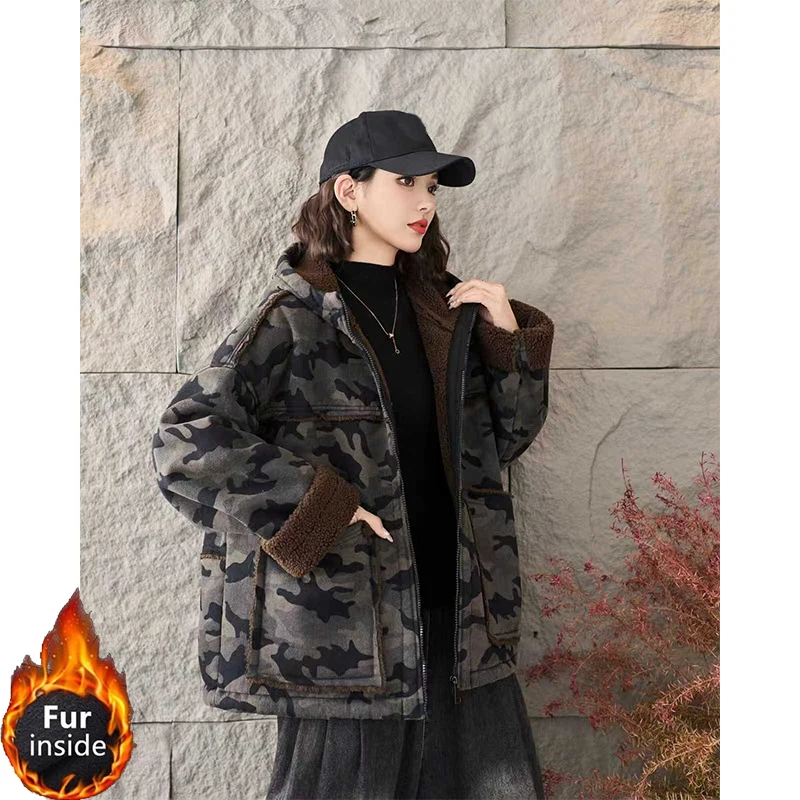 Masss Wasss 2025 Winter Fashion Camouflage Parkas Women Loose Warm Hooded Fur Padded Jackets Ladies Casual Vintage Thicken Coats