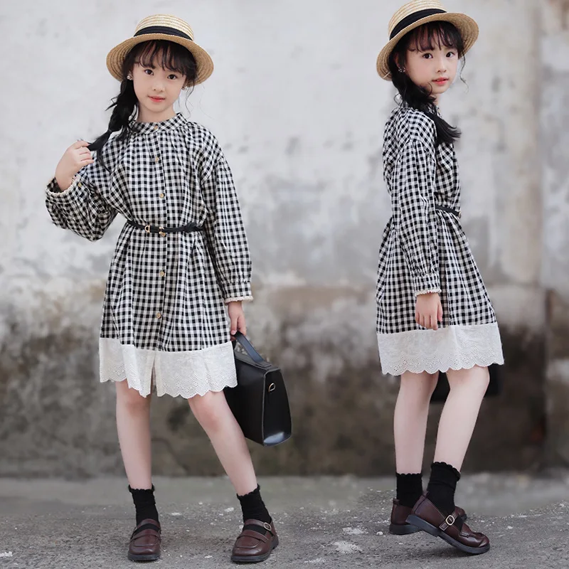 Korean Summer School Girl One-piece Dress Children Girl Lace Patchwork Retro Style Dress Junior Girl Elegant Checkered dress