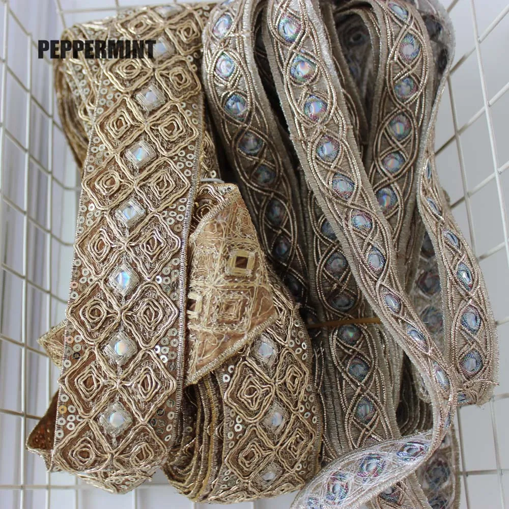 1Yard The Glory Golden Trim Embroidered Webbing DIY Handmade Sequins Sewing Ribbons Clothing Decorative Lace Trim