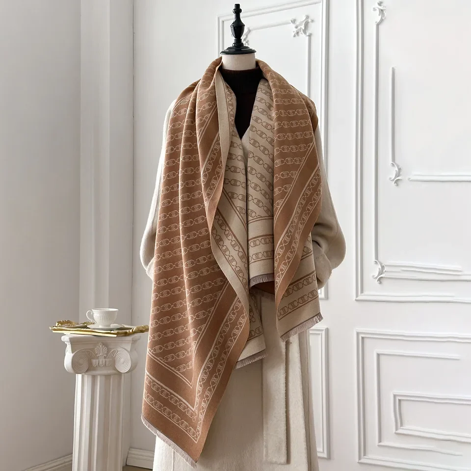 2025 겨울용 여성용 캐시미어 스카프 체인 프린트 파시미나 숄 랩 넥커치프 여성용 부판다 에샤르프 디자인 헤드밴드