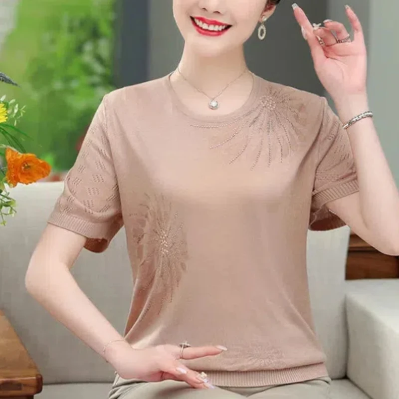 Simplicity Summer Women\'s Round Neck Solid Diamonds Ice Silk Hollow Out Korean Fashion Loose Short Sleeve Knitting T-Shirts Tops