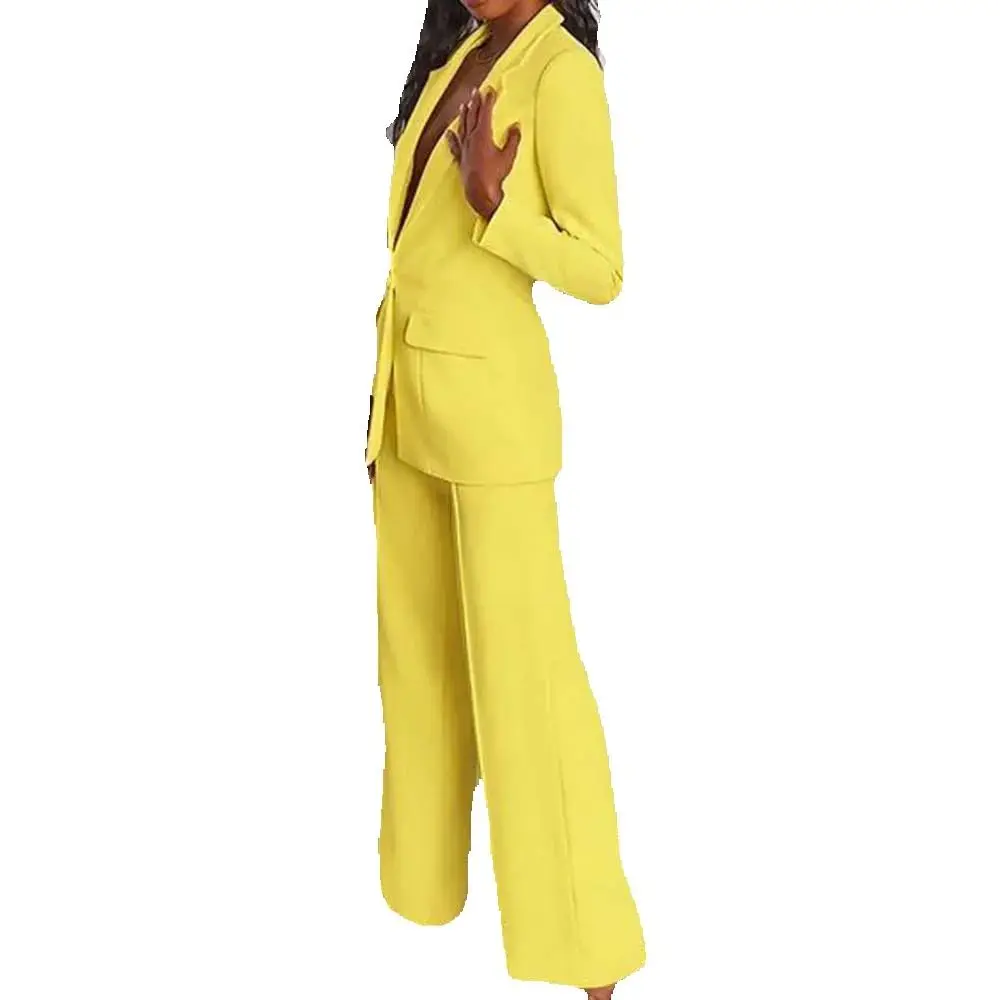 Elegant Yellow Suits for Women Single Breasted 2 Piece Jacket Pants Female Clothing Fashion Office Lady Slim Fit Blazer Sets