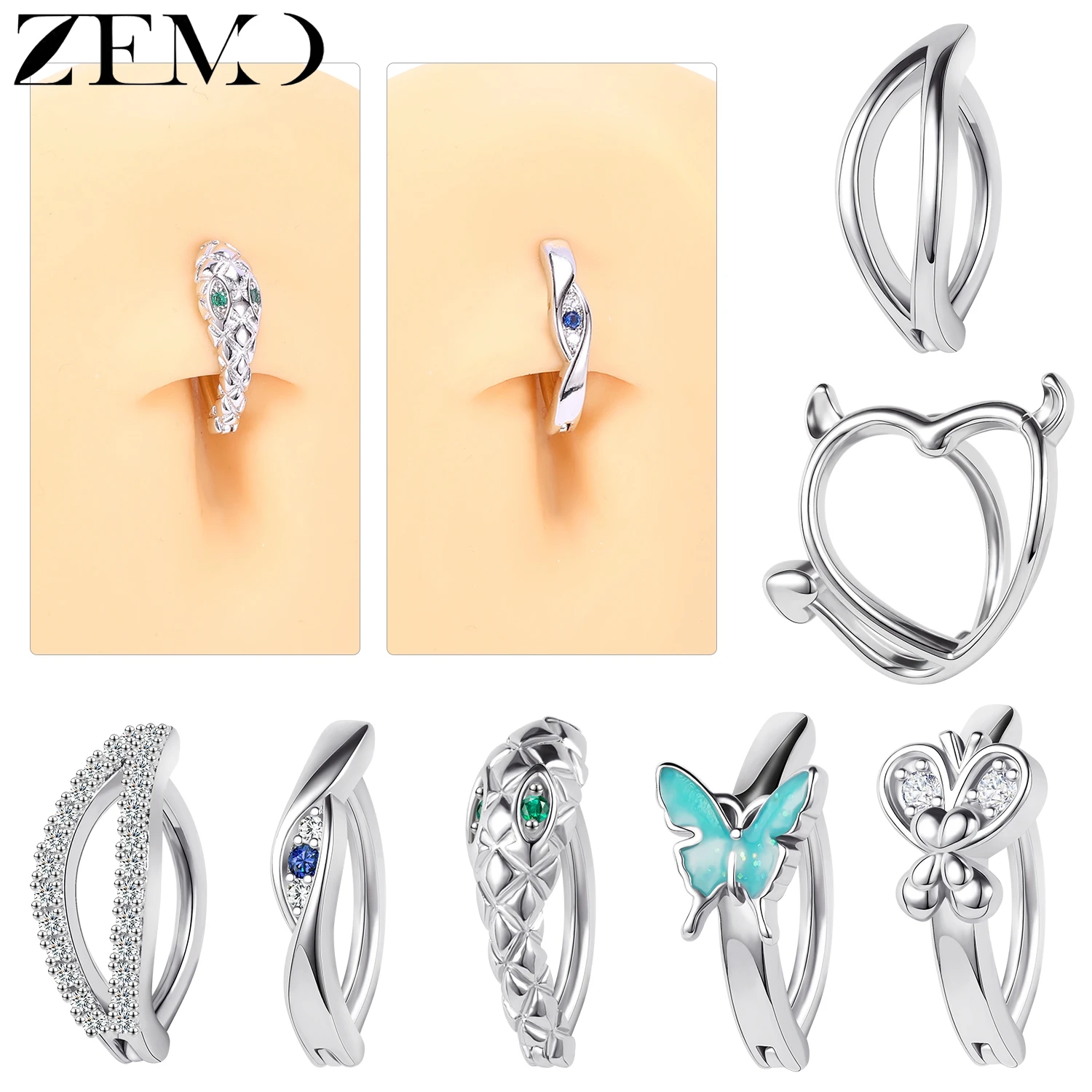 

ZEMO 1 PC Sexy Cubic Zircon Crystal Navel Ring Women Girls Belly Button Rings Snake Butterfly Belly Piercings Body Jewelry 10MM