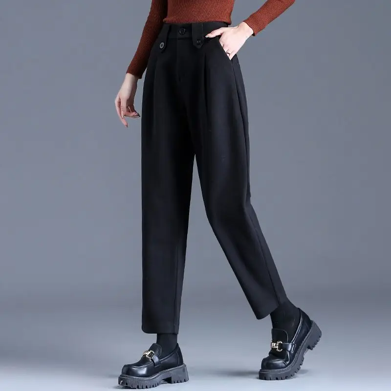 Autumn and Winter Women\'s Solid Color High Waist Slim Loose Straight Pipe Haren Pants Fashion and Casual Office Lady Trousers