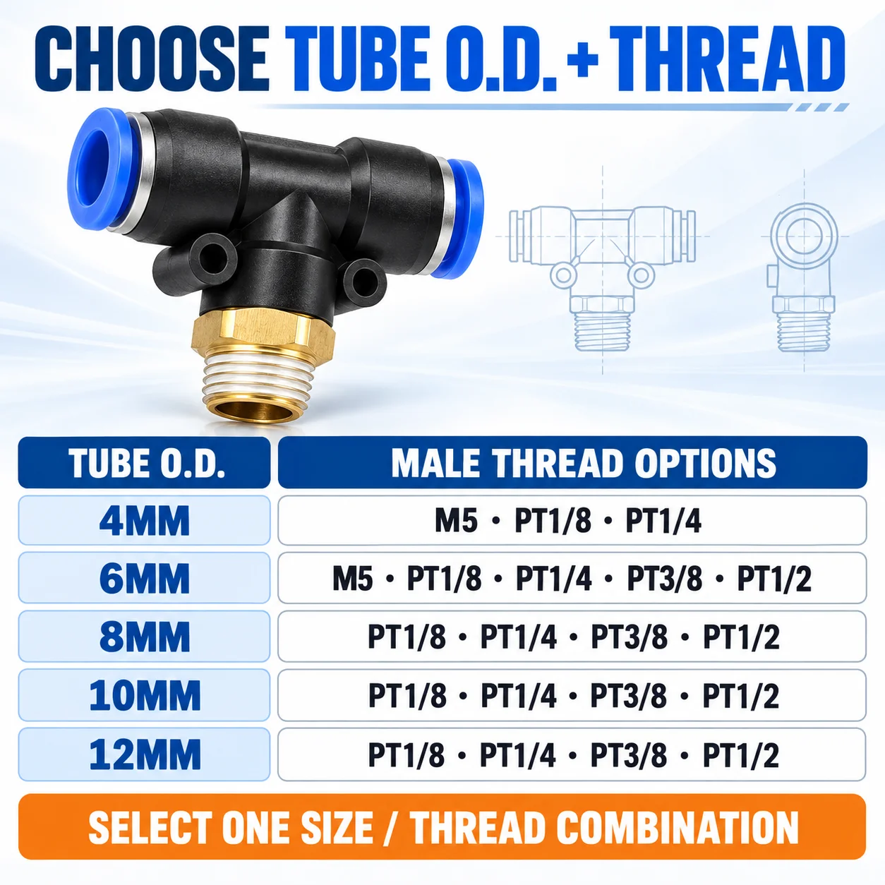 PB Pneumatic Side Tee Push In Fitting 4 6 8 10 12mm Air Hose Connector BSP Male Thread 3 Way Tube Adapter 50 100 500PCS