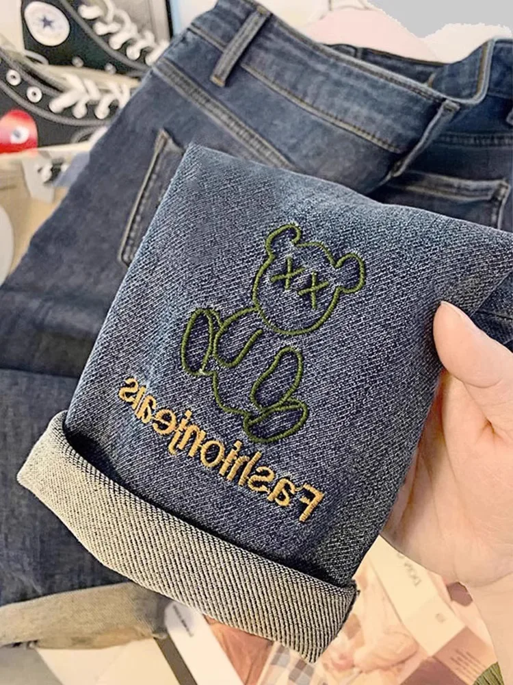 

Мужские джинсы прямого кроя с вышивкой в стиле ретро, ​​джинсовые брюки с высокой талией, молодежные модные износостойкие брюки свободного кроя, осенняя мода