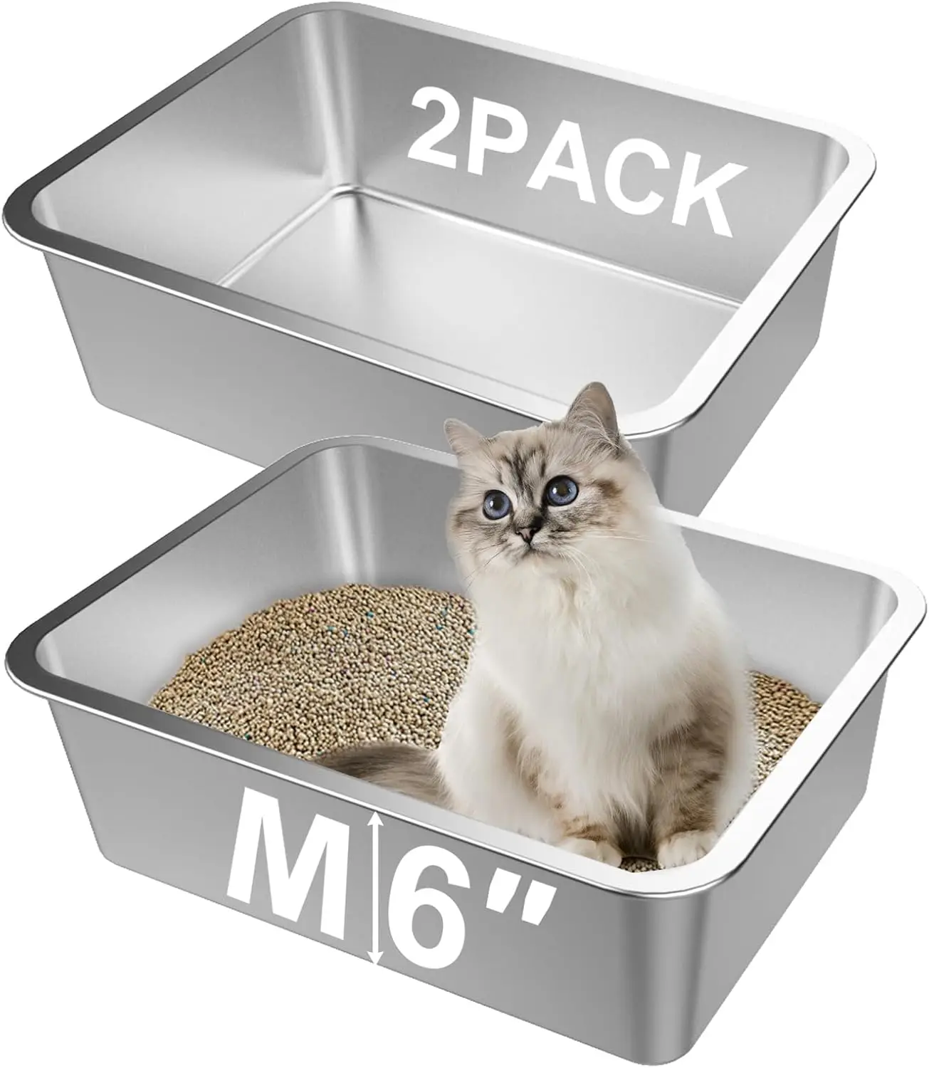 

2PCS Stainless Steel Cat Litter Box, Medium Non Stick Indoor Litter Tray, Rust Proof, Easy Clean, 17.5 x 13.5 x 6 Inch