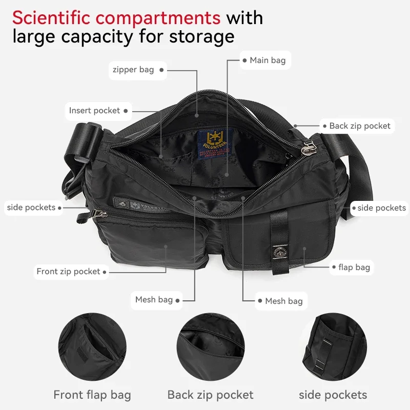 Volunteer Men's Crossbody Bag Oxford Cloth Waterproof Work Shoulder Bags Men Casual Outdoor Travel Commuter Large Capacity Bag