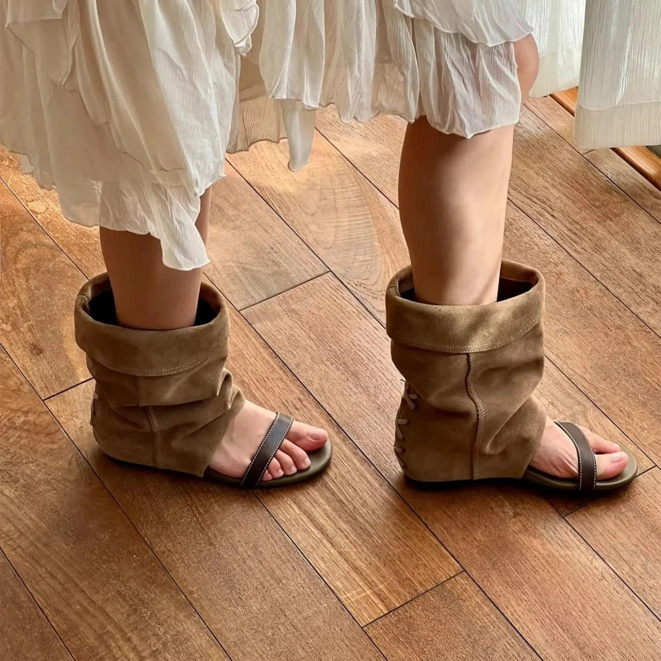 

Niche Minimalist Wrinkled Stack Boots for Women2026Spring and Autumn New Open-ToeSandals with Single Strap and Hidden Heel Boots