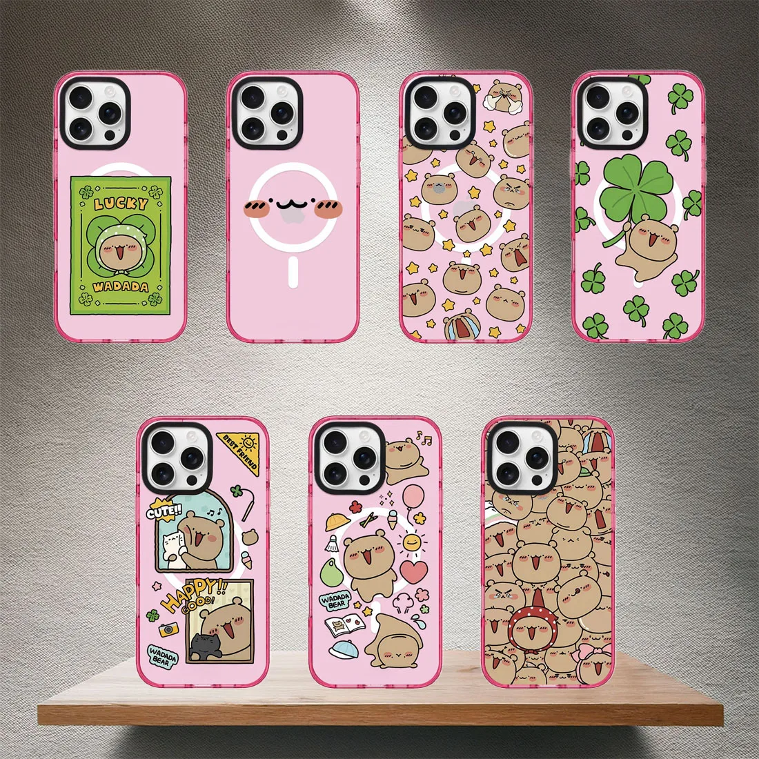 

Magnetic Phone Case with Bear Lovely Pink Glitters Border for IPhone 16 to 12 Pro Max Cover
