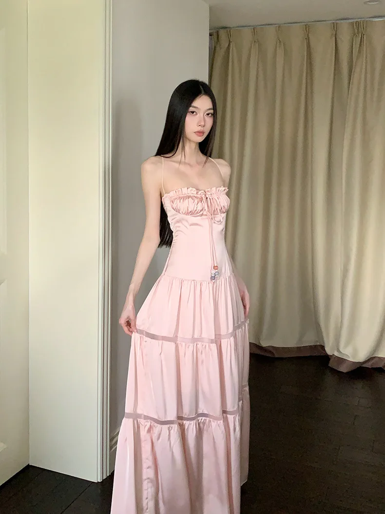 Robe de princesse rétro en Satin rose pour femmes, sans bretelles, à nouer, panneau découpé, coupe cintrée, luxueuse, Style princesse féerique, robe de soirée/gala