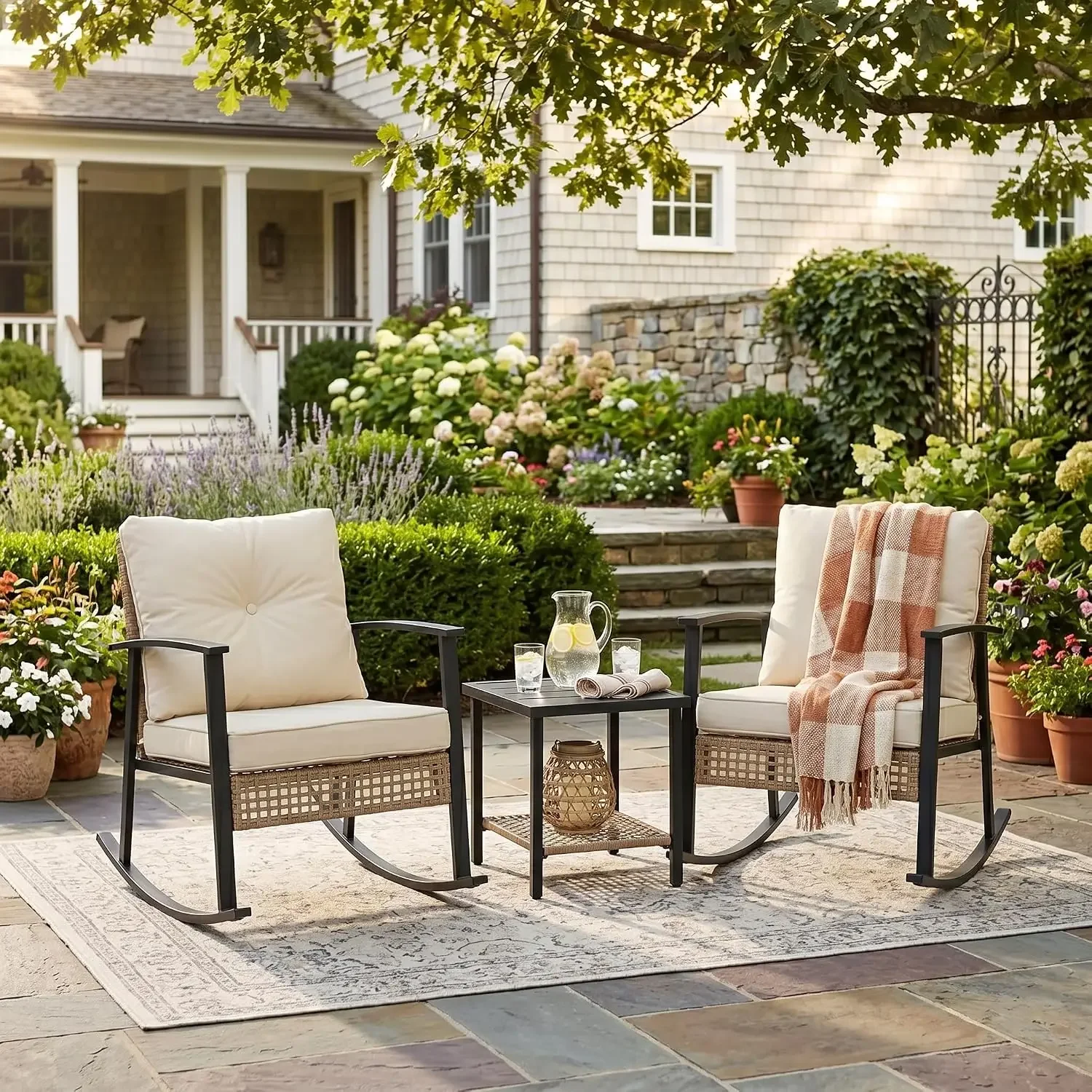 USA StockOutdoor Rocking Chairs Set of 2, 3-Piece Bistro Patio Furniture Set with Thick Cushions, Wicker Rocking Chair & 2-Tier