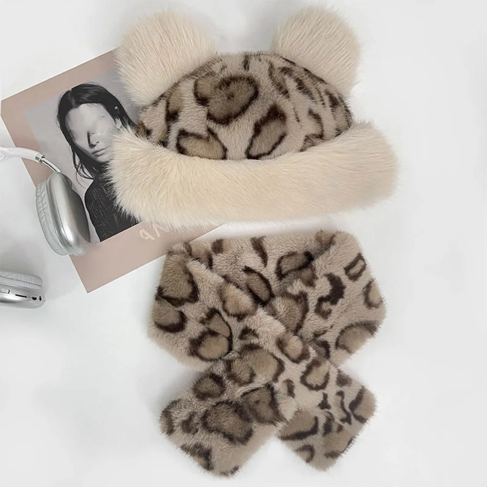 Cute Thicken Warm Scarf & Hat Set Faux Fur Windproof Panama Cap Soft Fisherman Hat Winter
