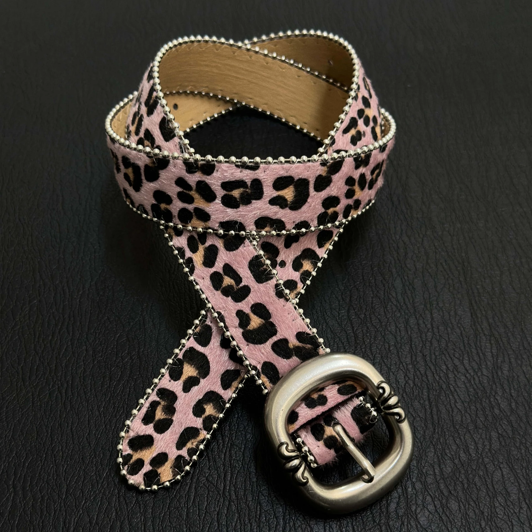 Retro Light Pink Leopard Print Pin Buckle Belt, Versatile Commuter Belt, Fashion Runway Cool Girl Style