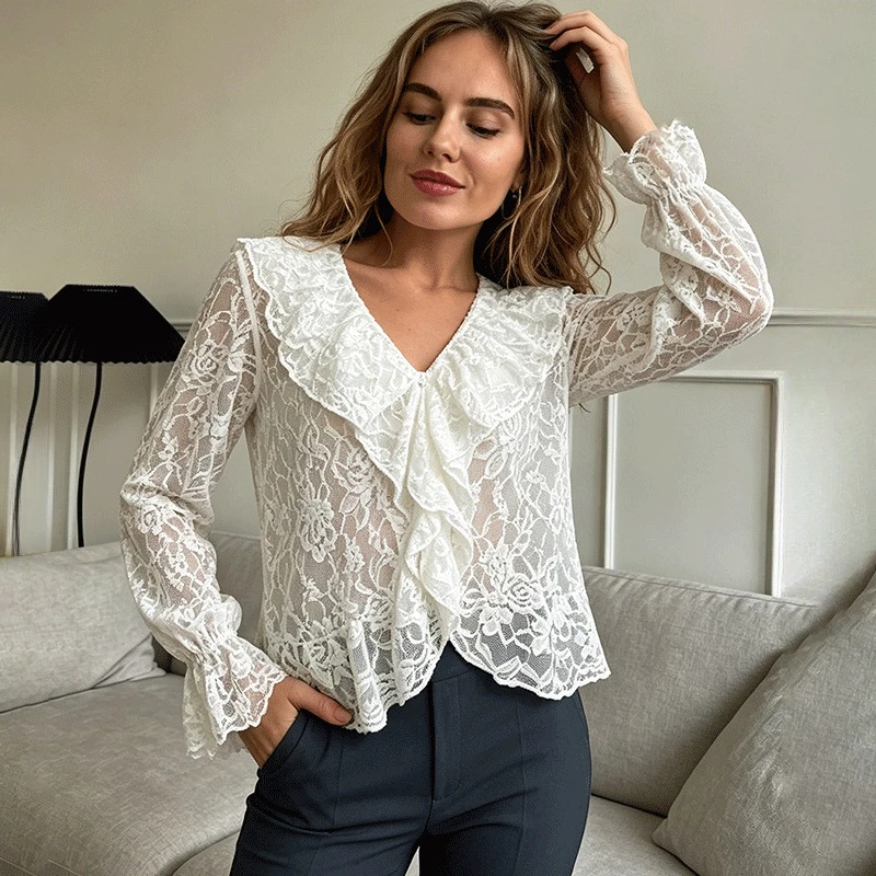 

Ticketsx Women's V Neck Lace Top Elegant Summer Ruffle Patchwork See Through Top Fashion New Commuter Streetwear Female Clothing
