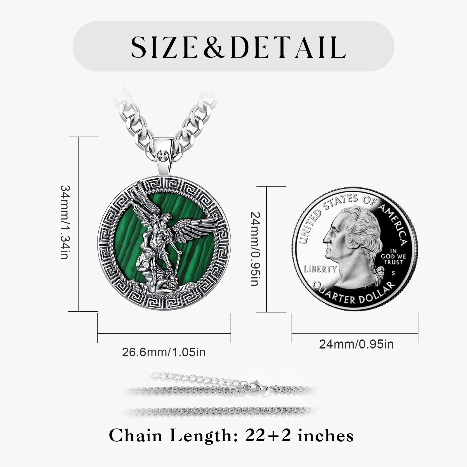Eudora Copper Malachite Saint Michael Necklace Archangel Medal Pendant Christian Amulet Religious Jewelry Gift for Men Woman