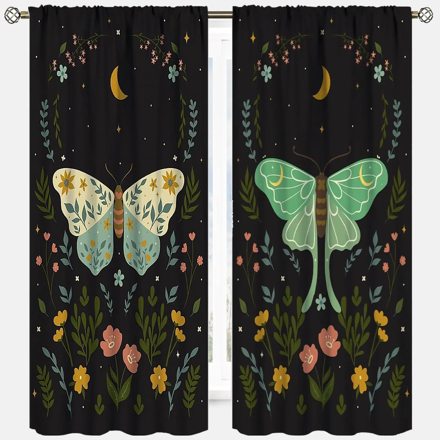 Gothic Moth Phase Blackout Curtains for Bedroom Living Room Kitchen Black Retro Spring Moon Vintage Cartoon Kids Girls Floral