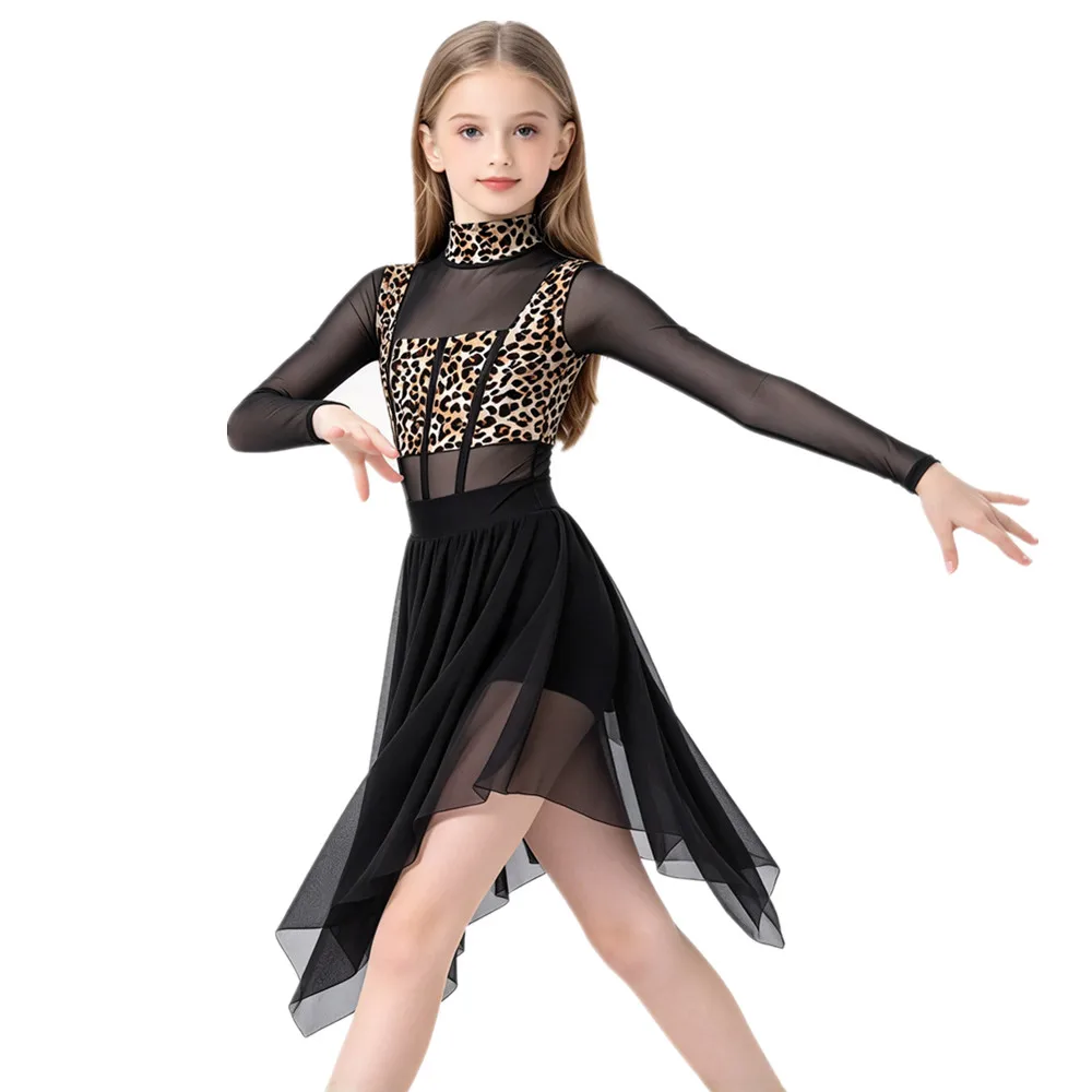 Children Girls Long Sleeve Modern Lyrical Dance Leotard Dress Sheer Mesh Bodice Dancewear for Skating Gymnastics Acrobatics