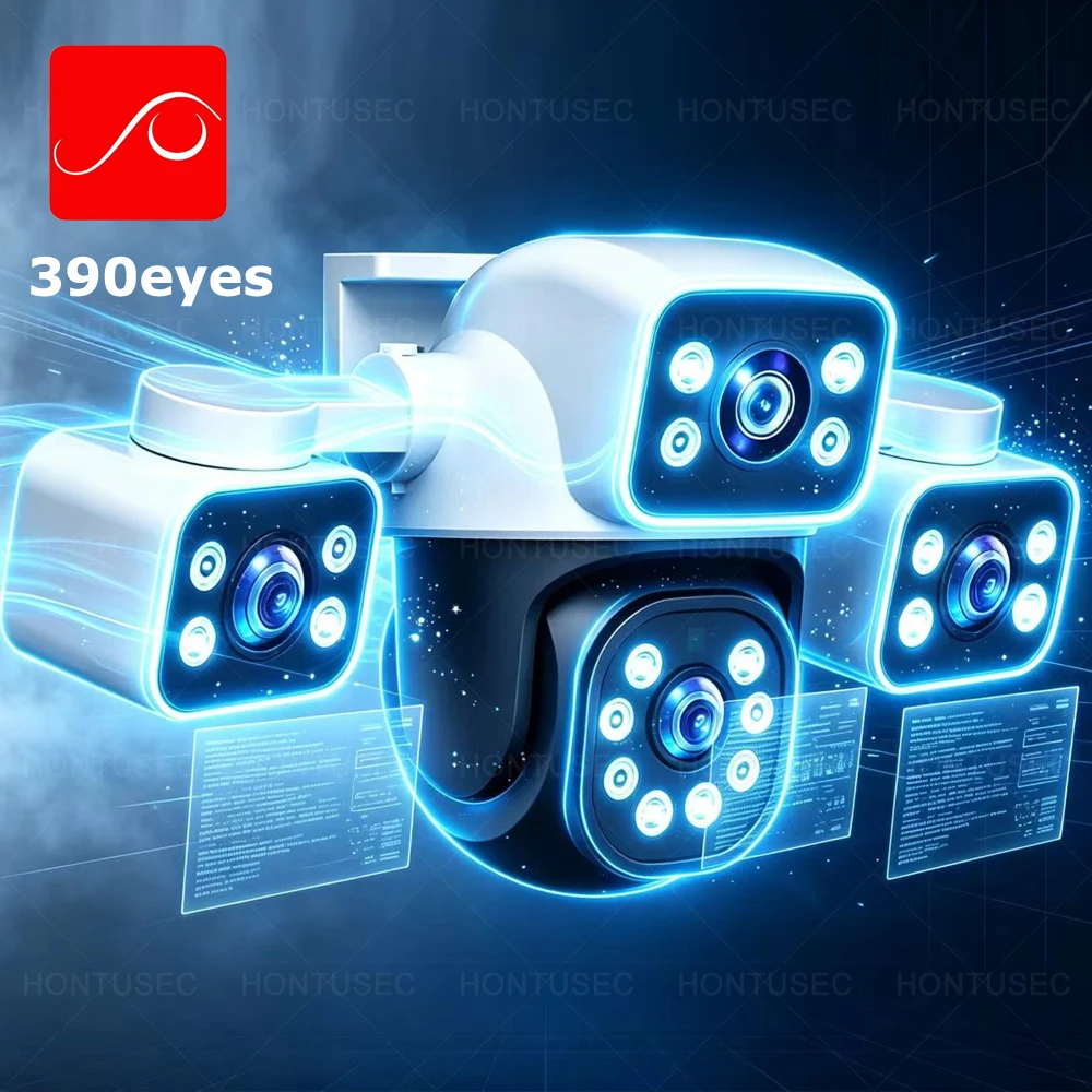 390Eyes 12MP WiFi PTZ уличная камера с 3 объективами, 3 экранами, детектором движения, двусторонней аудиосвязью, цветным ночным видением для домашней безопасности.