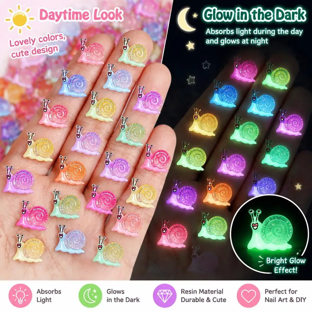 50Pcs Multicolor Luminous Snail Nail Charms 3D Cartoon Resin Snails Nails Art Decoration DIY Manicure Festival Party Accessories