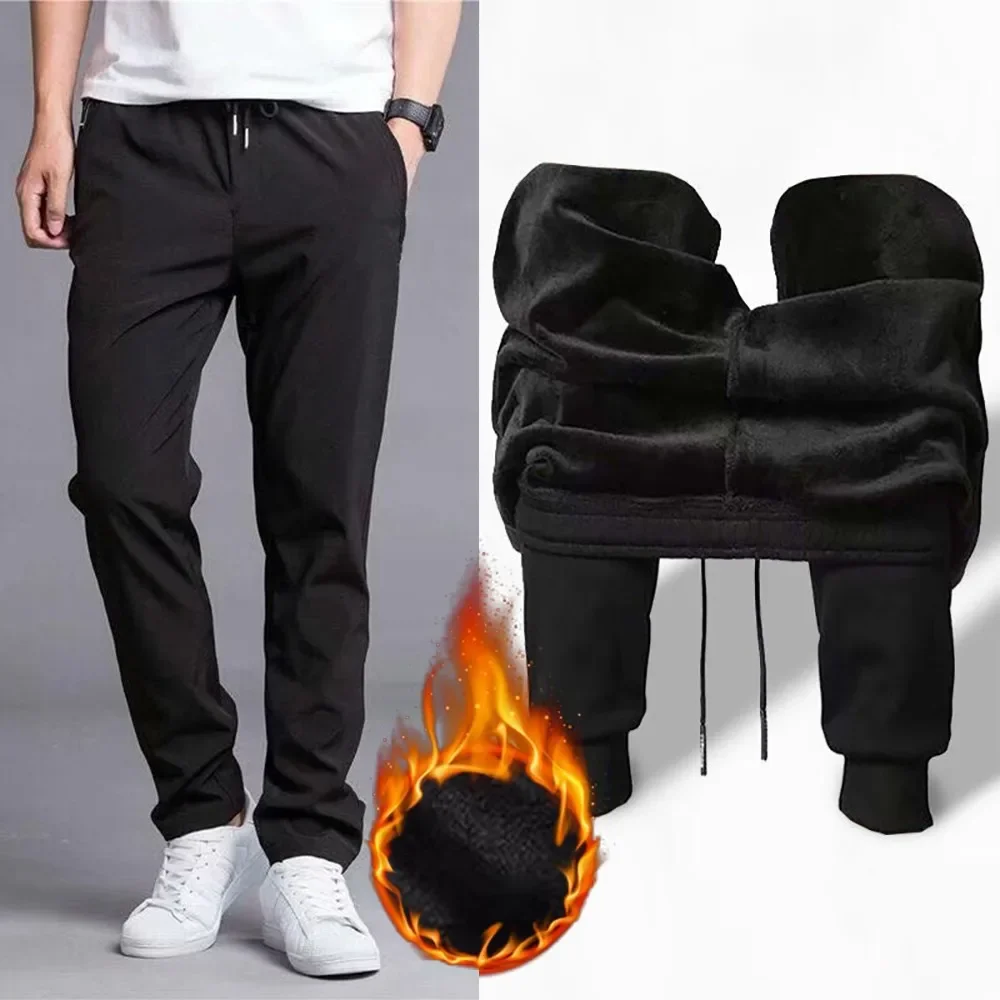 

Casual Man Winter Fleece Lined Pants Solid Black Warm Thick Thermal Trousers Athletic Pants For Men Clothing