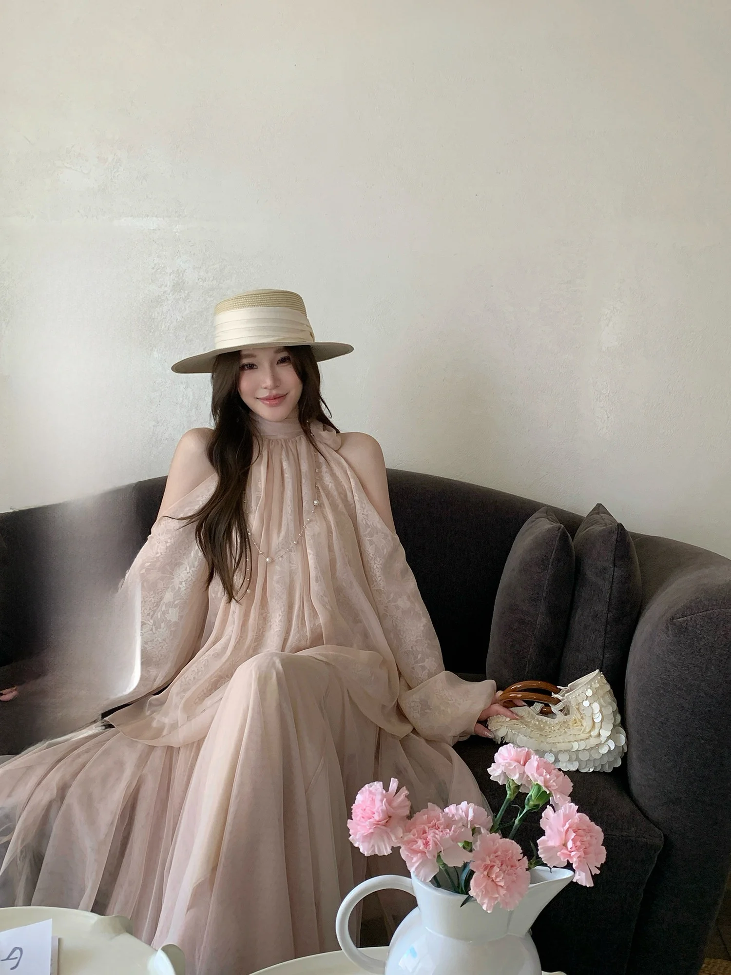 

Soft Atmosphere Pure Desire Shoulder Bared Lantern Sleeve Shirt YEAHLOU Women's French Style Loose Fit Long Sleeve Top