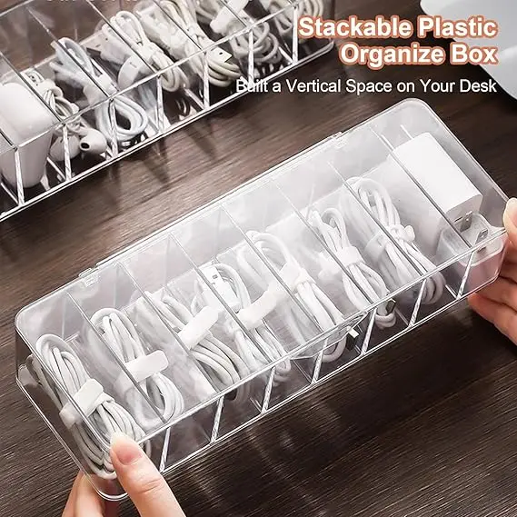 

Dustproof Data Cable Storage Box Desktop Charging Head Data Power Cable Sorting and Storage Grid with Cover Storage Box