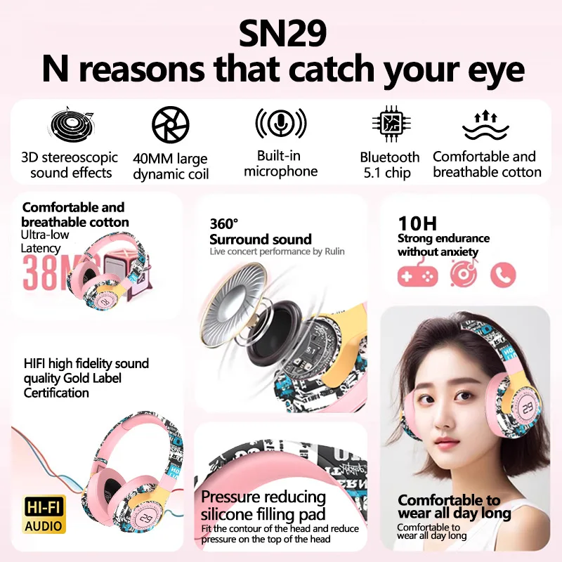 Sn29 Headset Fm Wireless Bluetooth Supports Noise Reduction Music Movement For Apple Android Phone Flat-Panel Bilateral Stereo.