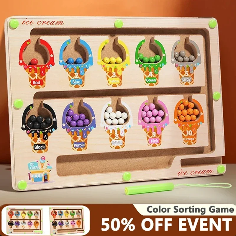 Montessori Wooden Toy, Kids Color Sorting Games Board, Pen Moving Bead Game, Magnetic Fine Motor Training Sensory Learning Toys