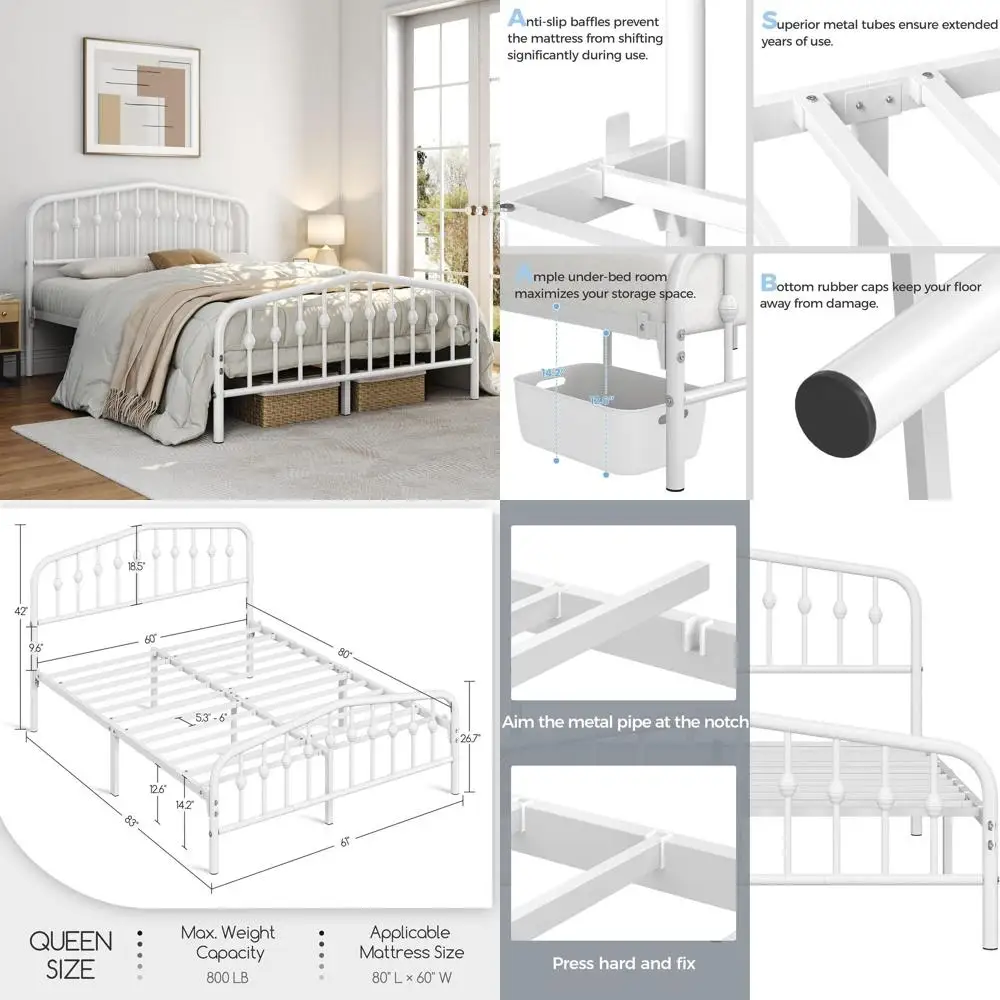 

Металлический каркас кровати размера «queen-size» в викторианском стиле с изголовьем/ножьем — простая сборка, без коробчатой пружины, белый дым